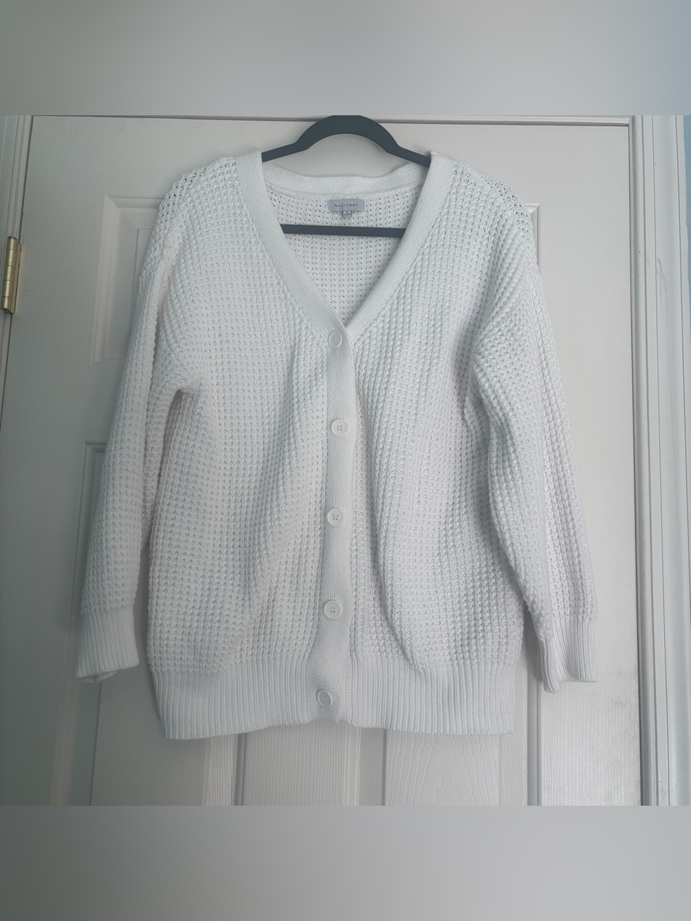 Women’s Qualfort cotton chunky waffle knit white cardigan sweater size small